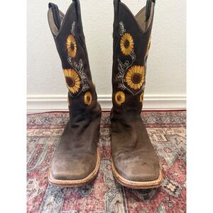 Brown Leather Sunflower Embroidered Square Toe Western Cowboy Boots Womens 9.5